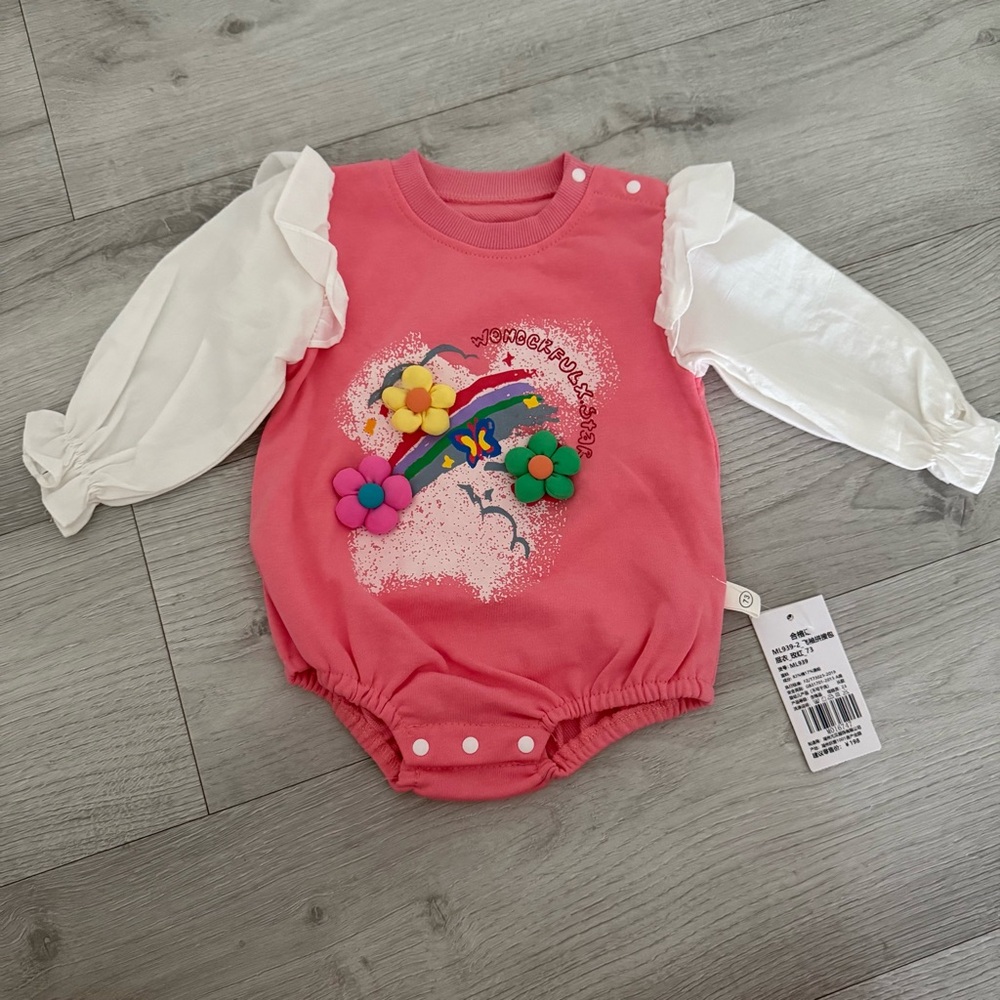 Pink and White Bodysuit with Rainbow and Flowers